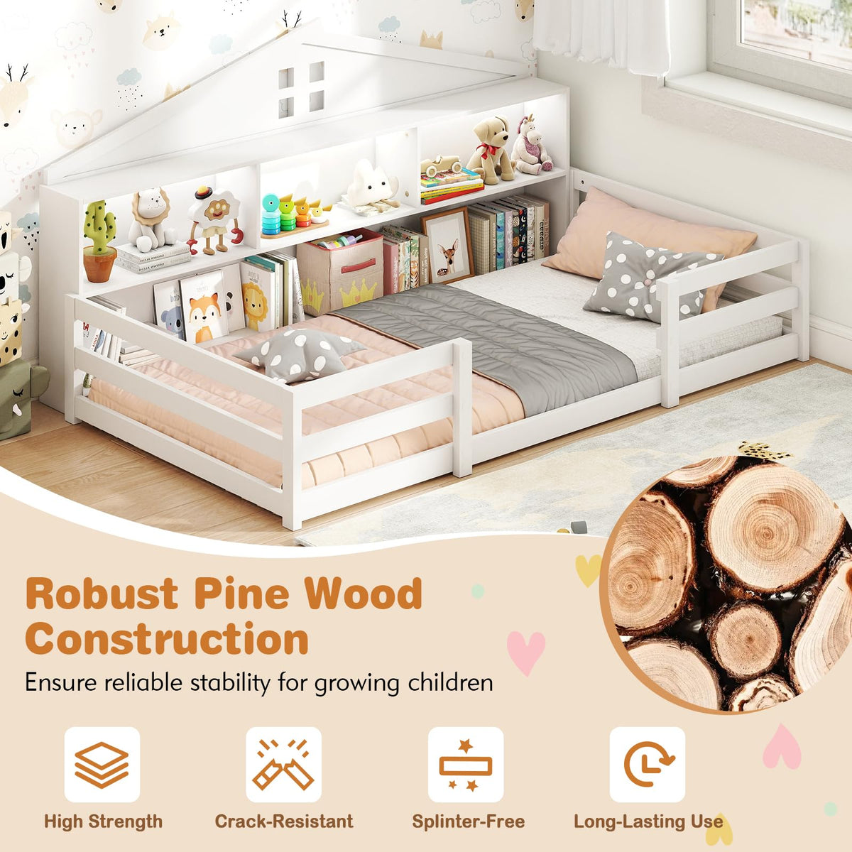 Goflame Montessori Floor Bed with LED Lights 2-in-1 Wooden House Bed Frame with Safety Guardrails
