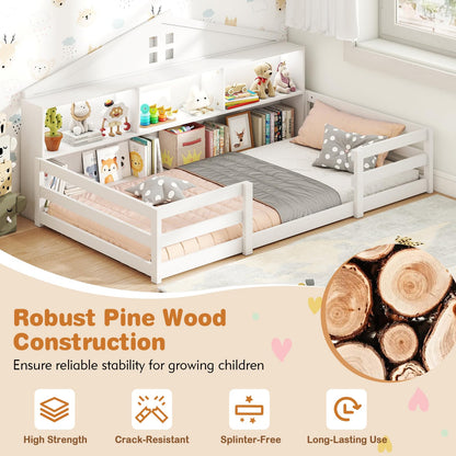 Goflame Montessori Floor Bed with LED Lights 2-in-1 Wooden House Bed Frame with Safety Guardrails