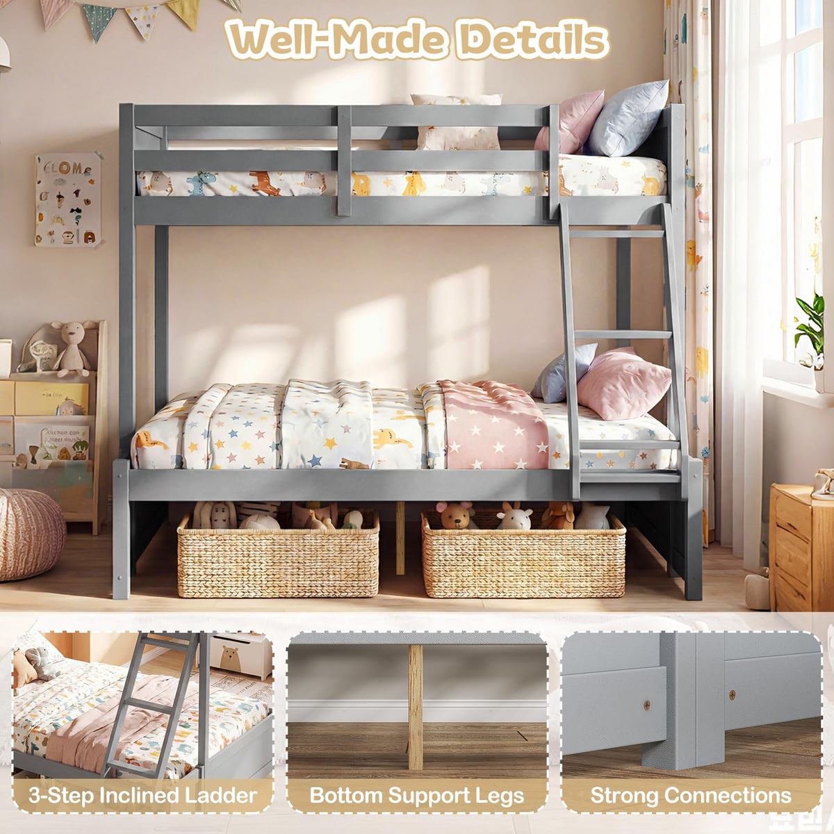 Goflame Twin Over Full Bunk Bed Wood Bunk Bed