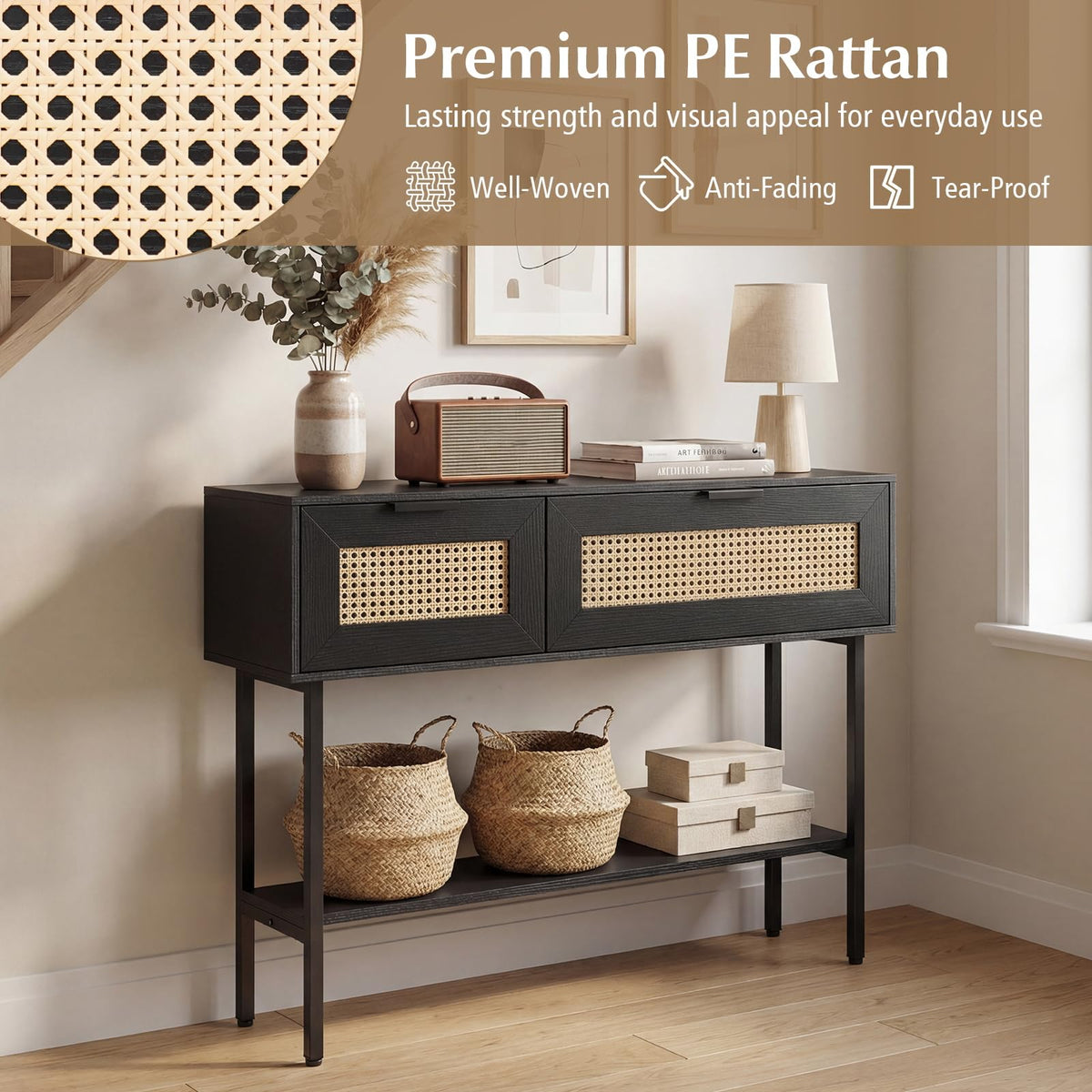 Goflame Rattan Console Table Boho Entryway Table with 2 Storage Cabinets
