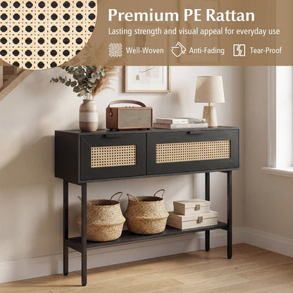 Goflame Rattan Console Table Boho Entryway Table with 2 Storage Cabinets