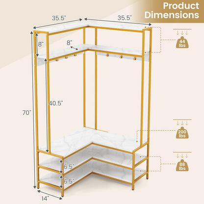 Goflame Corner Coat Rack with Shoe Bench, L-shaped Garment Rack with 5 Shelves & 7 Hooks