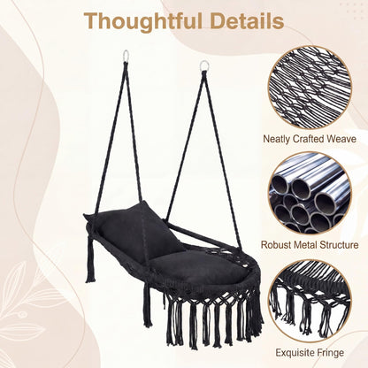 Goflame Macrame Hammock Chair w/Removable Cushions & Sturdy Metal Ring