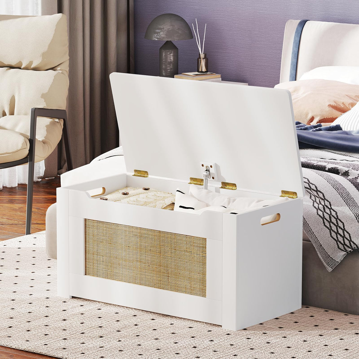 Goflame Rattan Storage Bench with Flip Top Lid & Safety Hinge