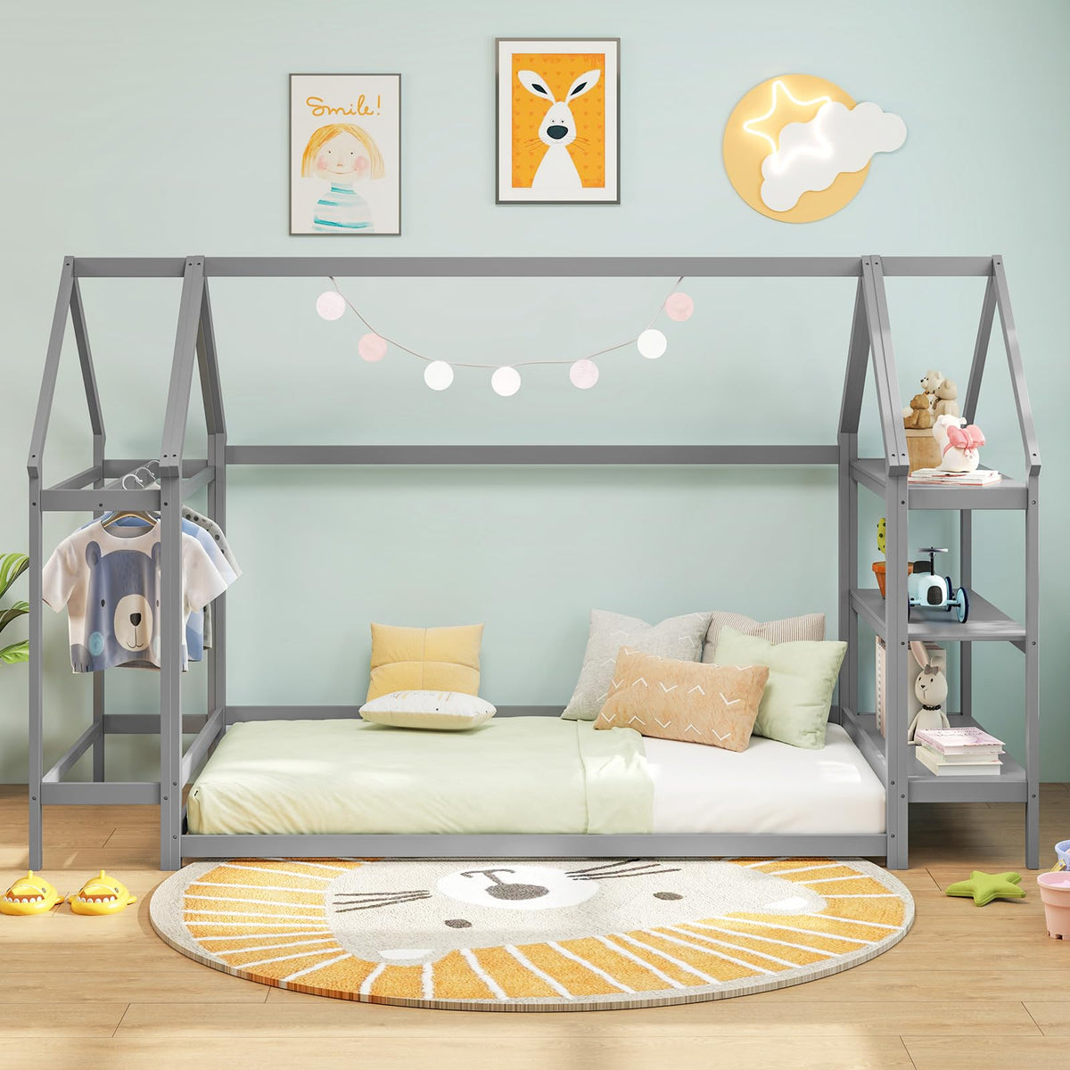 Goflame Twin Floor Bed, Wood Montessori Floor Bed with Detachable 3 Tier Storage Bookshelf & Clothes Rack