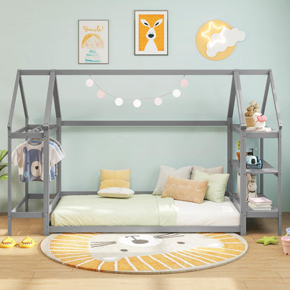Goflame Twin Floor Bed, Wood Montessori Floor Bed with Detachable 3 Tier Storage Bookshelf & Clothes Rack