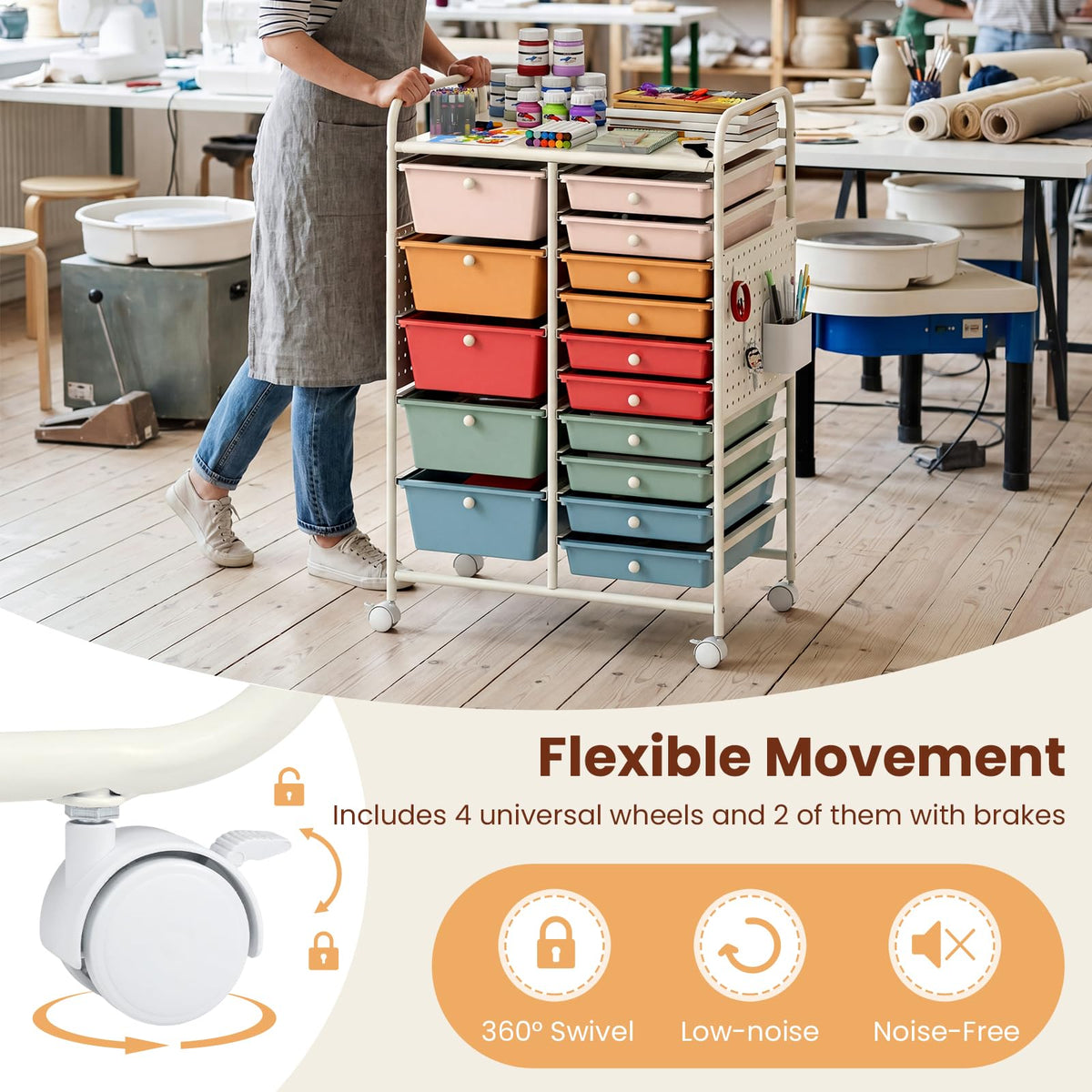 Goflame 15 Drawer Storage Cart | Rolling Craft Cart with Metal Tabletop & Pegboard
