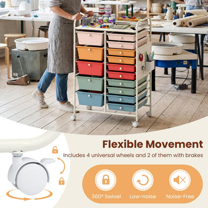 Goflame 15 Drawer Storage Cart | Rolling Craft Cart with Metal Tabletop & Pegboard