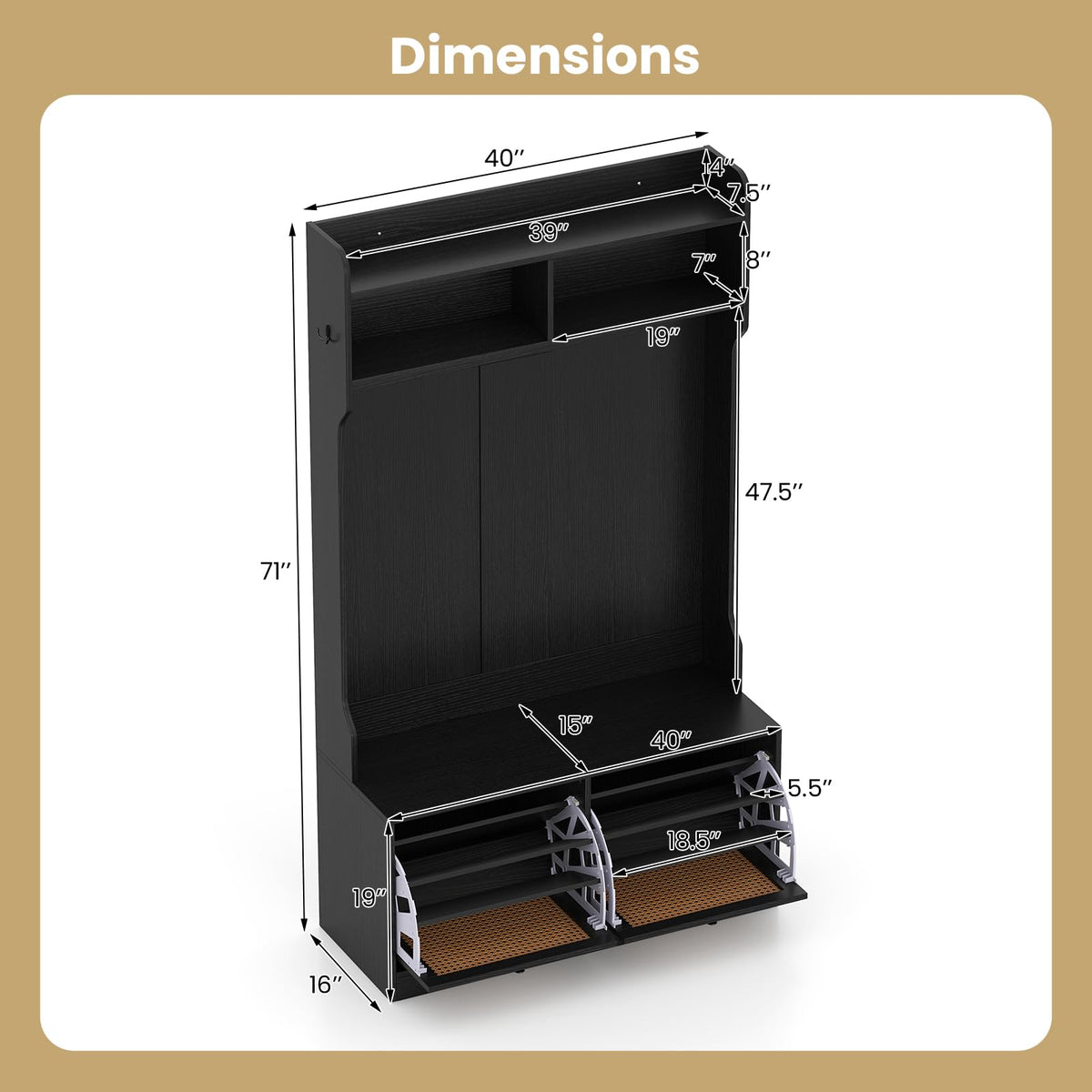 Goflame 4-In-1 Hall Tree Entryway Bench with Coat Rack & Flip Drawers