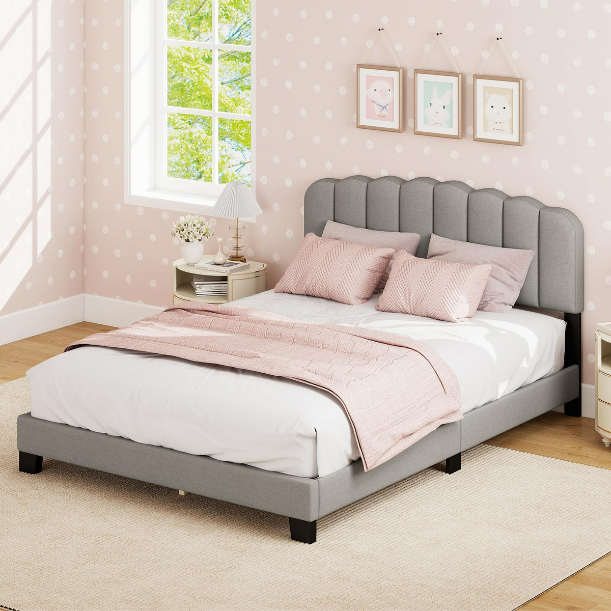 Goflame Queen Bed Frame Linen Upholstered Platform Bed with Adjustable Scalloped Tufted Headboard