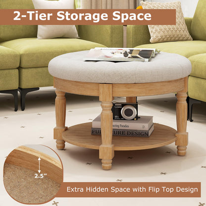 Goflame Large Ottoman Coffee Table - 29 inch Oversized Round Ottoman with Storage Shelf, Flip up Top, Wood Legs