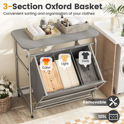 Goflame Laundry Sorter with Foldable Ironing Board 3 Section Tilt Out Laundry Hamper with Removable Bags