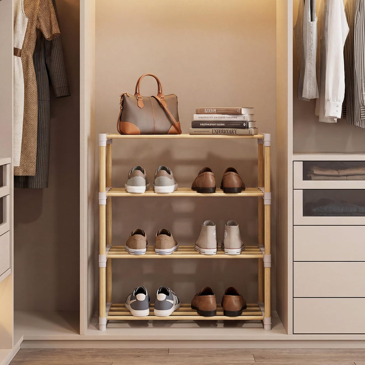 Goflame 4-Tier Stackable Pine Wood Shoe Rack for entryway