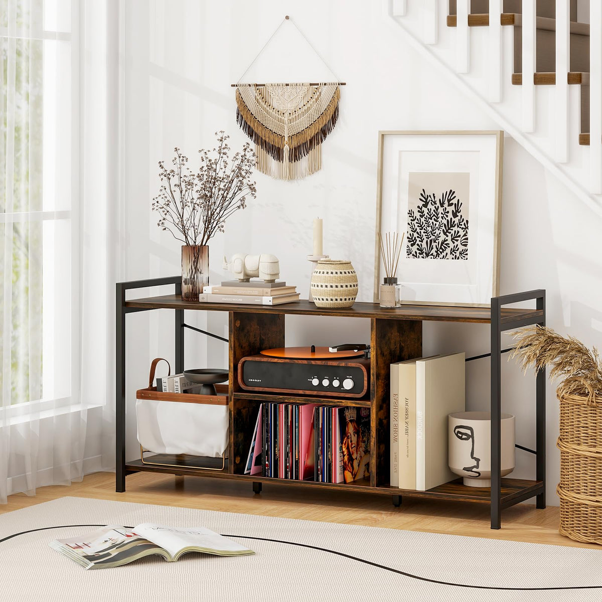 Goflame TV Stand for TVs up to 55", 3-Tier Entertainment Center with Open Storage Shelves, Side Guardrails & Metal Frame