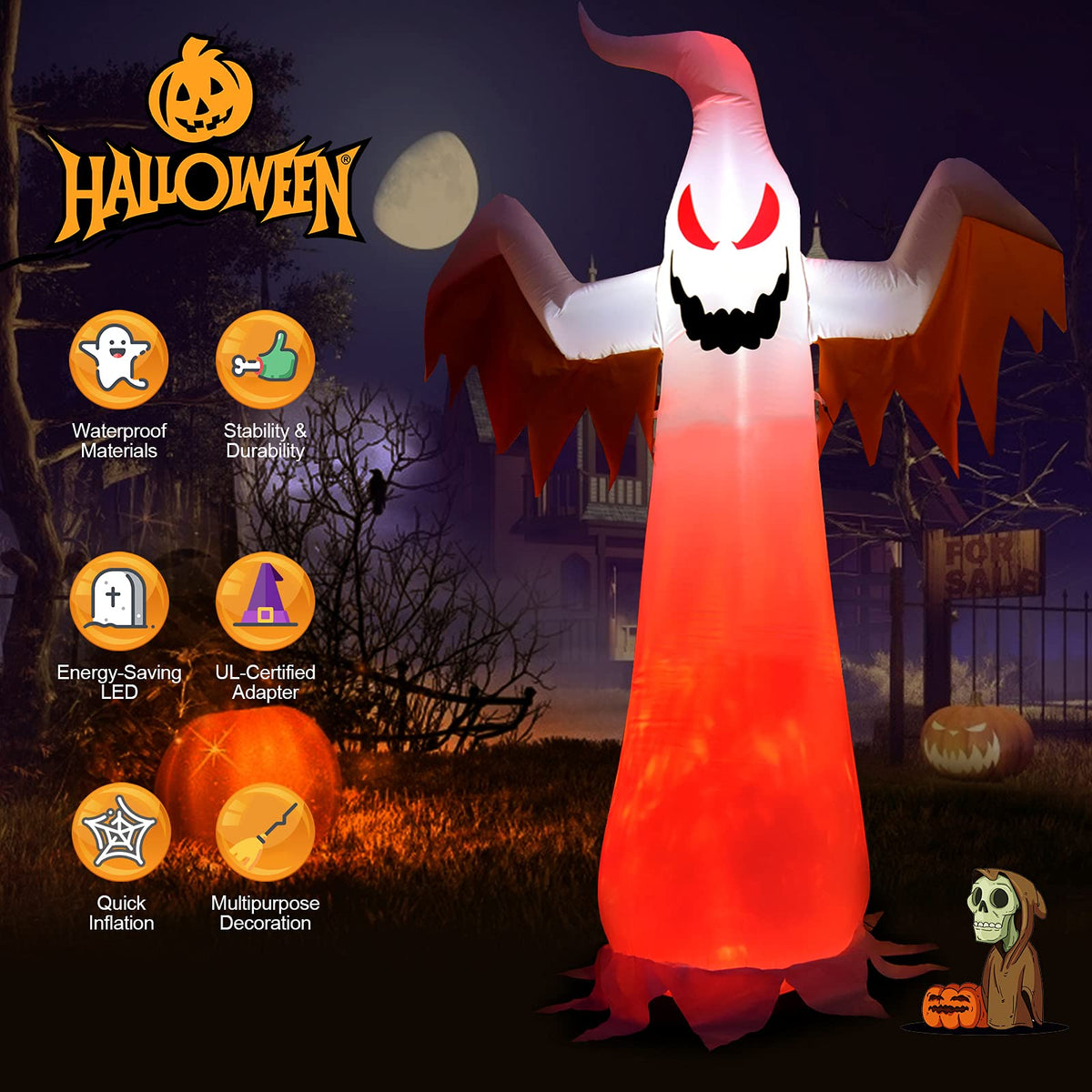 8 FT Halloween Inflatable White Ghost W/ Rotatable Flame LED Lights, Air Blower, Stake, Sandbag