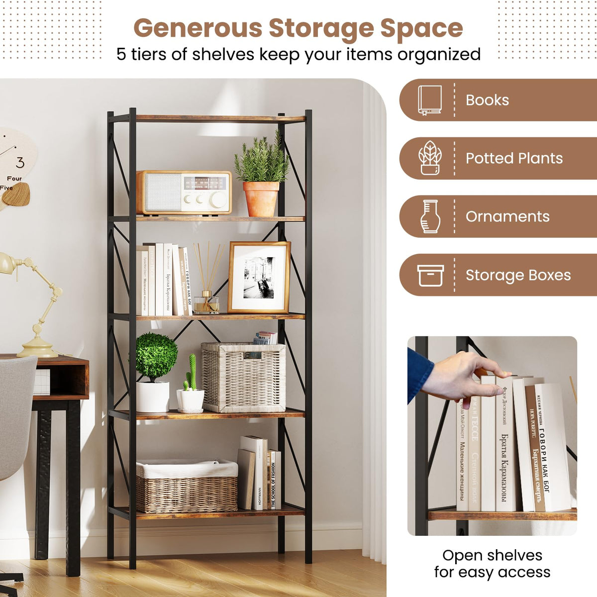 Goflame 5-Tier Bookshelf, Industrial Tall Bookcase with Open Storage Shelves & Heavy Duty Metal Frame