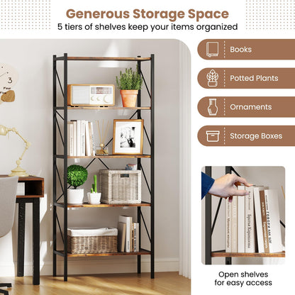 Goflame 5-Tier Bookshelf, Industrial Tall Bookcase with Open Storage Shelves & Heavy Duty Metal Frame