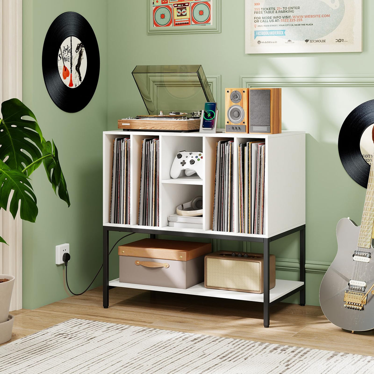Goflame Record Player Stand with Charging Station Vinyl Record Storage for Music Living Room