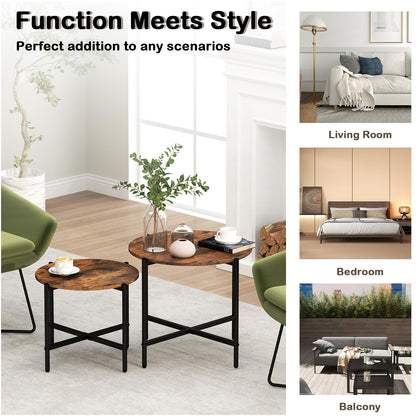 Goflame Round Coffee Table Set of 2, Nesting Tables with Metal Frame, Imitated Wood Grain Top