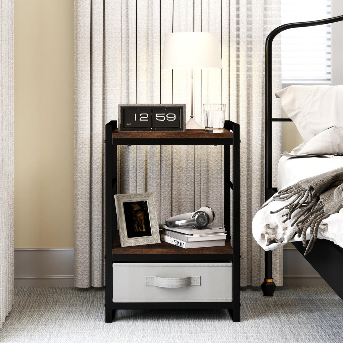 Goflame Industrial Nightstand with Storage Drawer for Bedroom