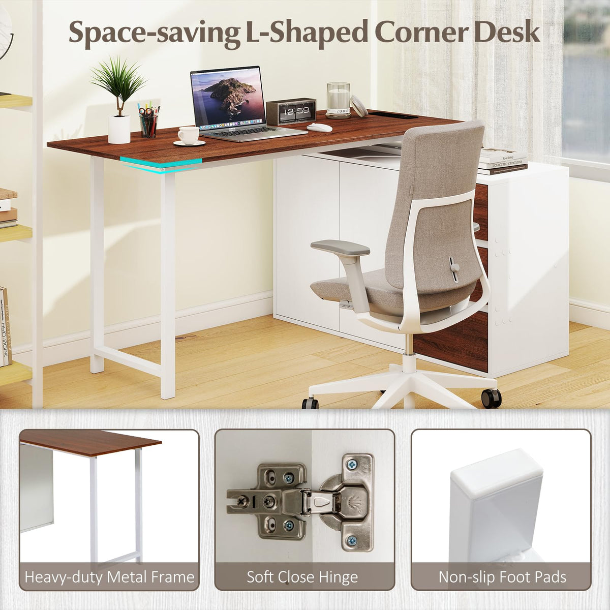 54.5” L Shaped Computer Desk with Power Outlet, Reversible Corner Desk with File Cabinet and 3 Drawers