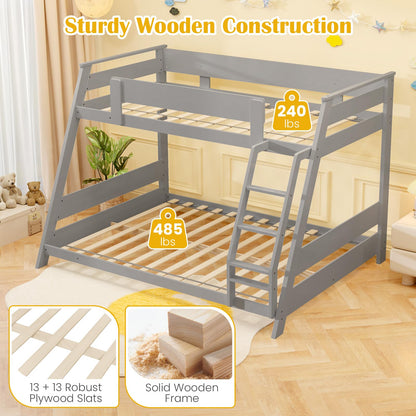 Goflame Wood Bunk Beds Twin Over Full Size, Solid Wood Floor Low Bunk Bed w/Removable Ladder