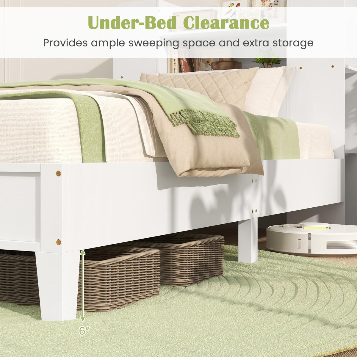 Goflame Twin Bed Frames for Kids, Wooden Twin Size Bed with Storage Bookcase Headboard