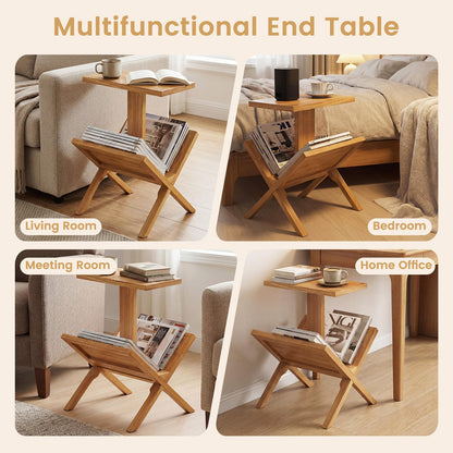Goflame Side Table Teak Wood Set of 1/2 2-Tier Sofa Couch End Table