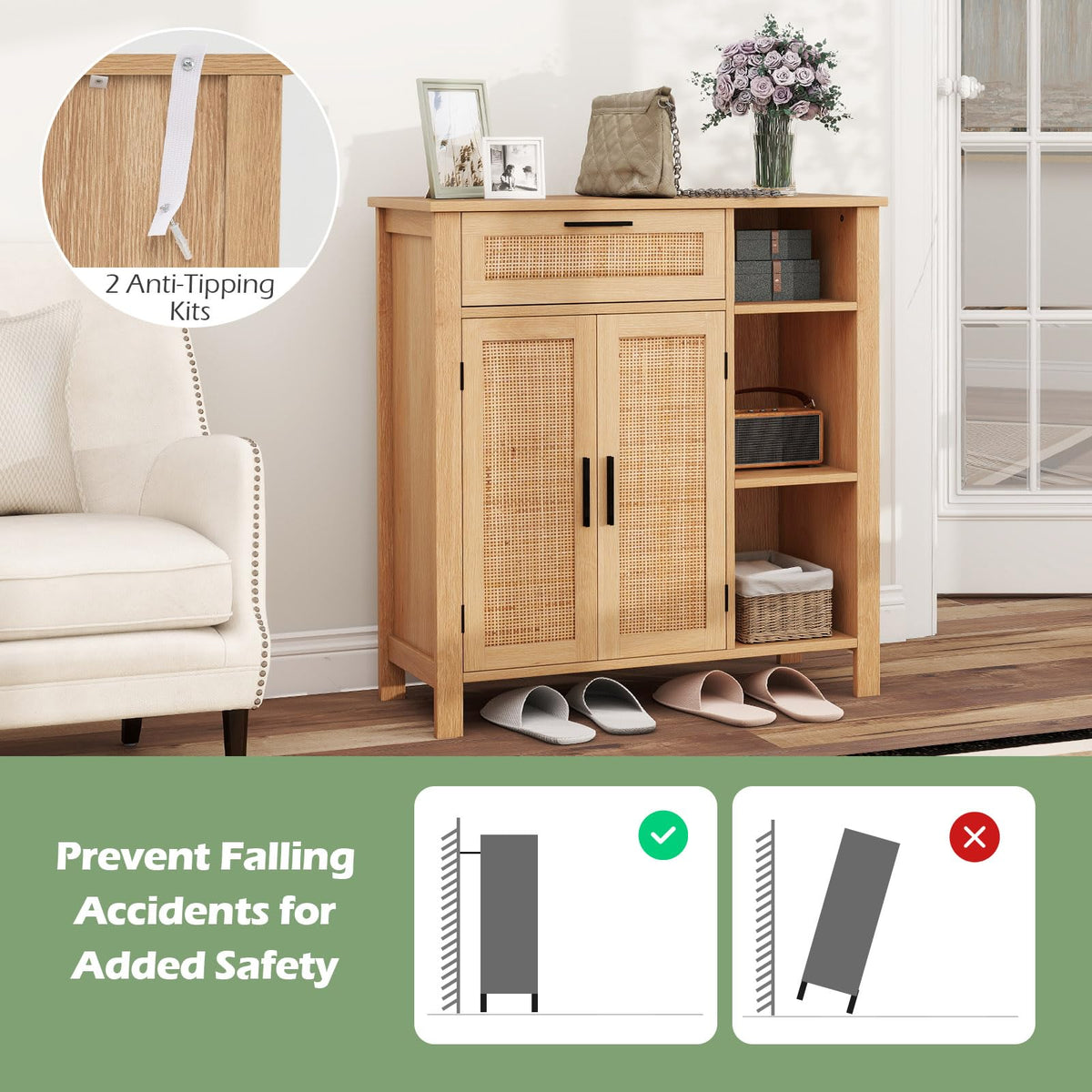 Goflame Buffet Cabinet with 2 Doors, Drawer 3 Open Cubbies Adjustable Shelf (Natural)