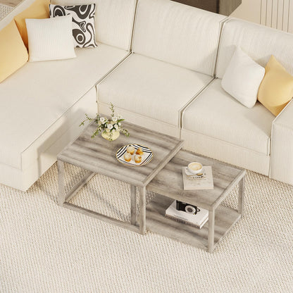Goflame Nesting Coffee Tables Set of 2 with Storage Shelf Rubber Wood
