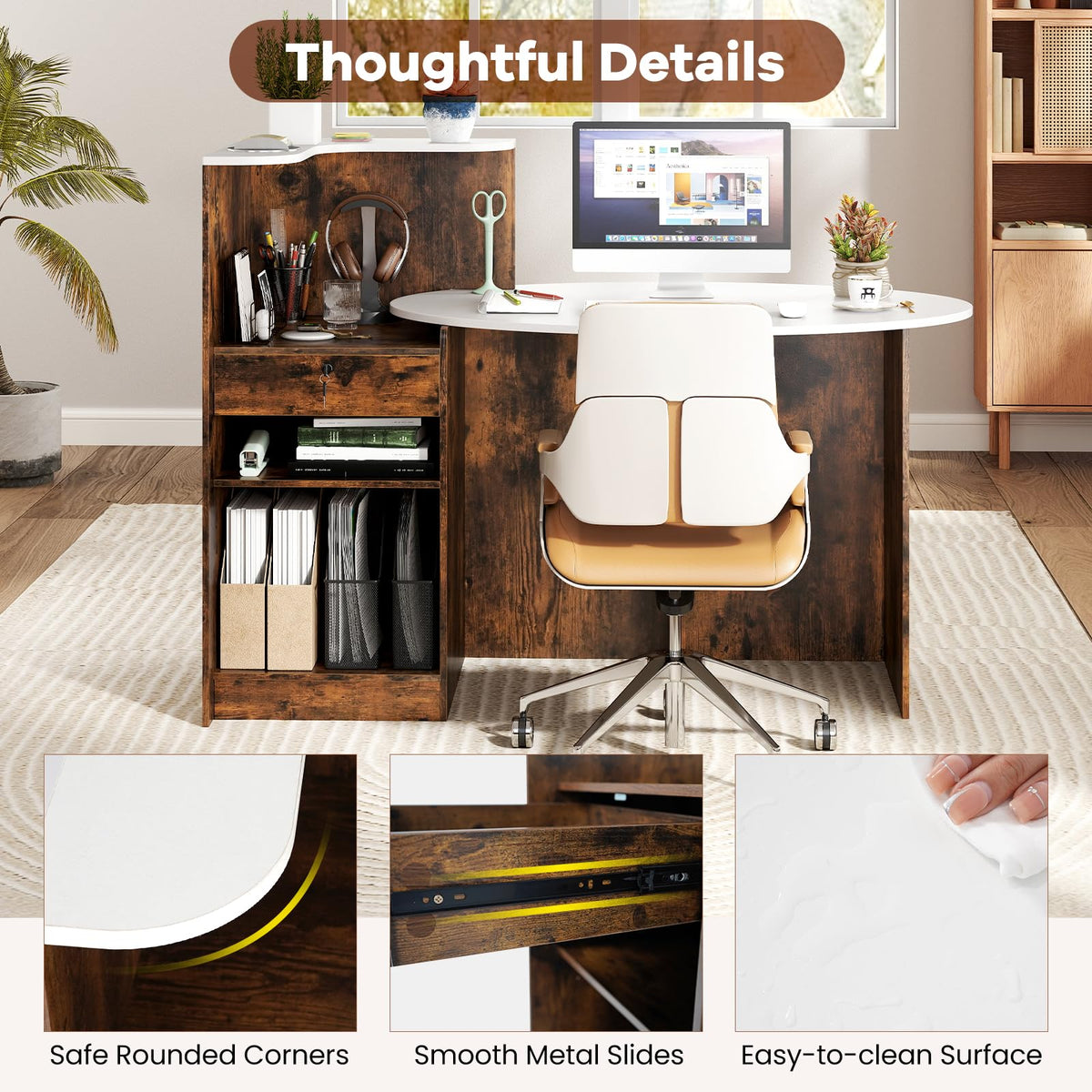 Goflame Reception Desk, Front Counter Desk with Lockable Drawer, Oval Tabletop & Adjustable Shelf