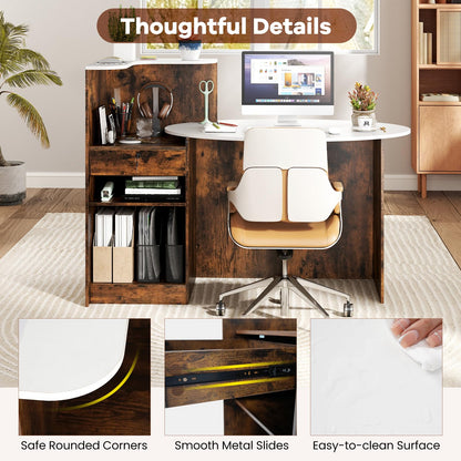 Goflame Reception Desk, Front Counter Desk with Lockable Drawer, Oval Tabletop & Adjustable Shelf