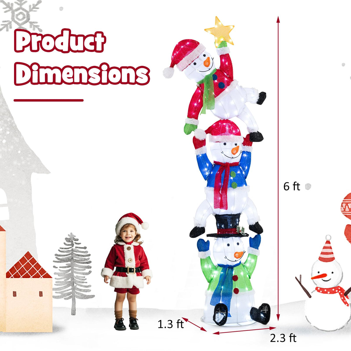 Goflame 6 ft Christmas Stacked Snowman, 3D Pre-Lit Snowman Decoration w/ 155 LED Lights