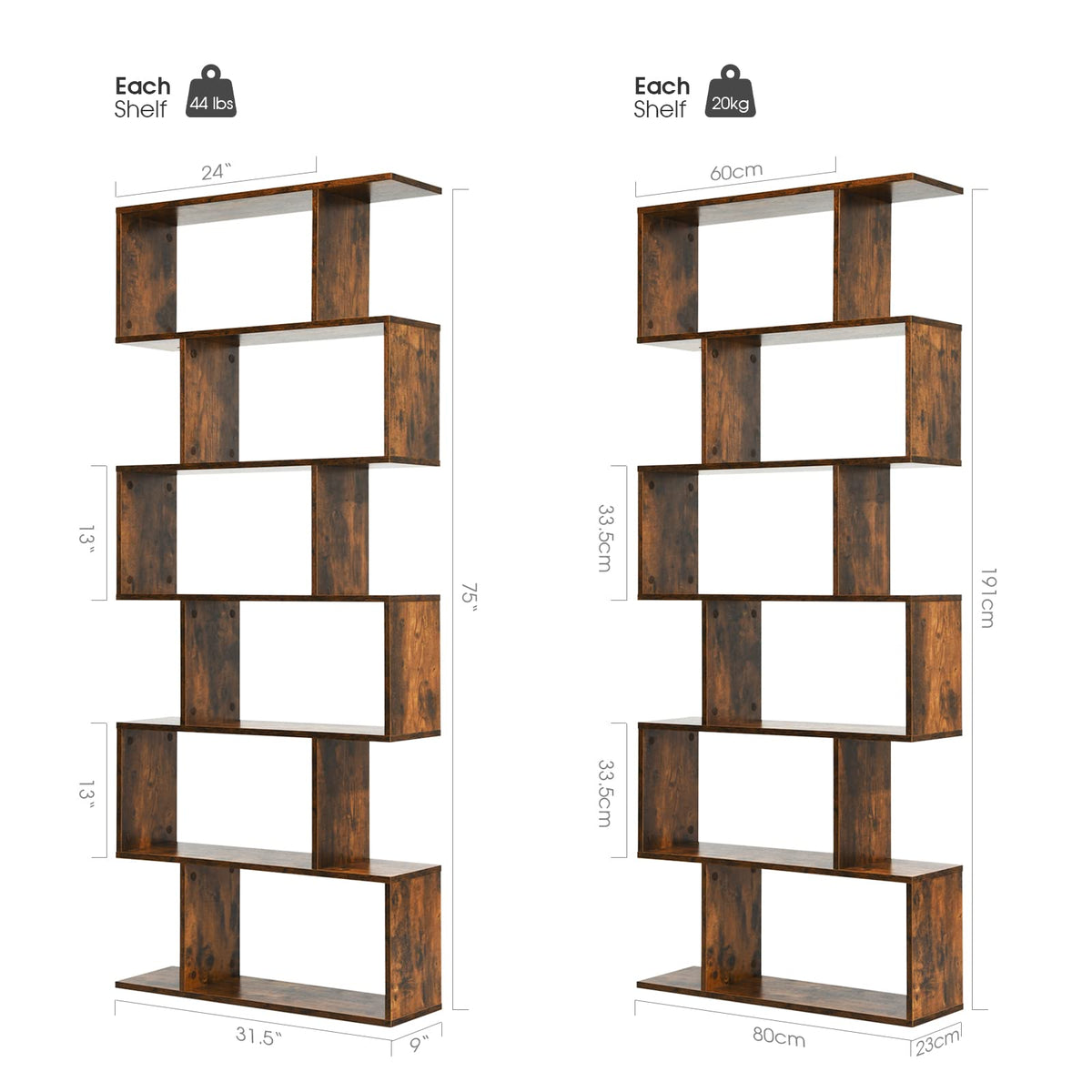 Goflame Geometric Bookcase Rustic, Solid Wood S-Shaped Bookshelf