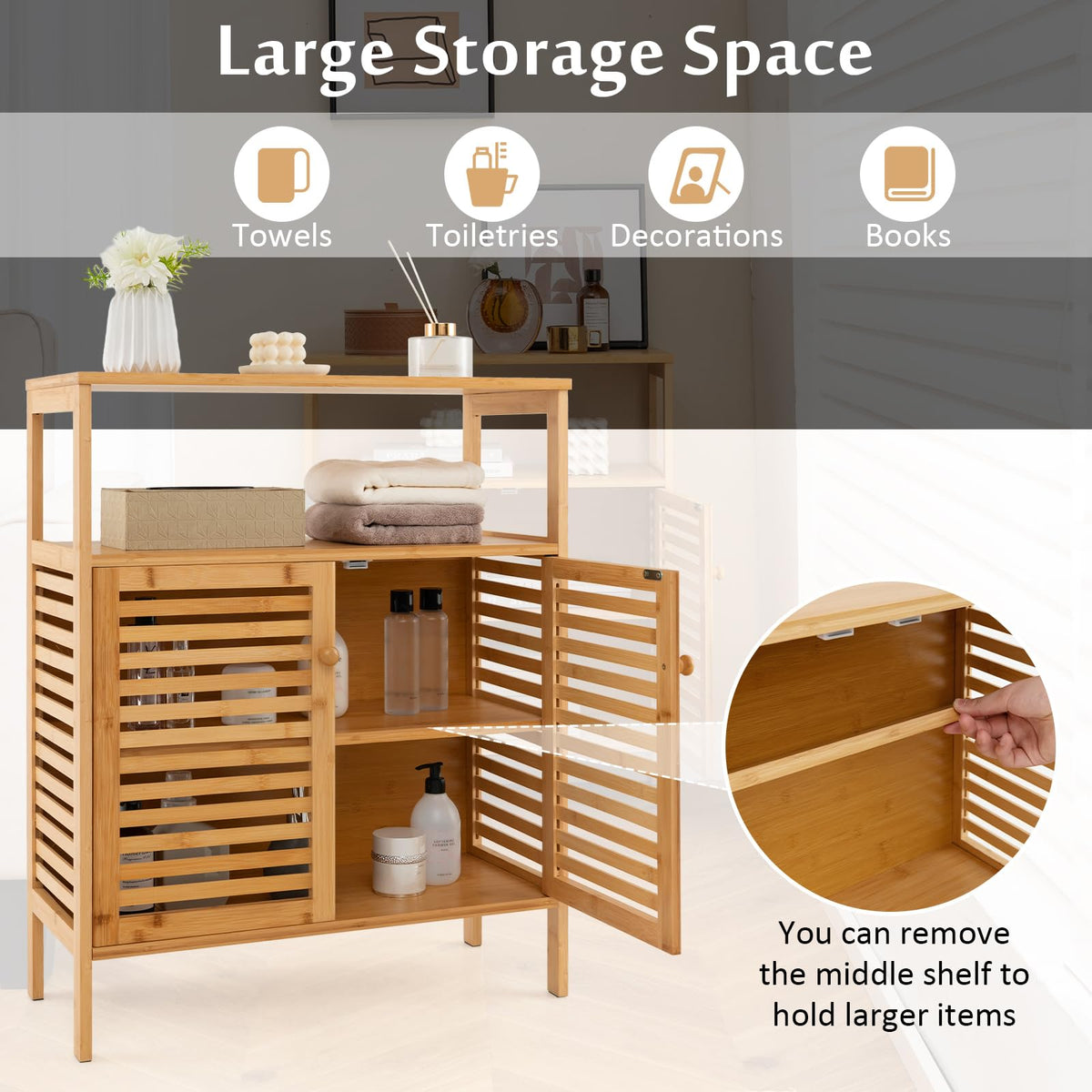 Goflame Storage Cabinet, Bamboo Bathroom Floor Cabinet with Double Louvered Doors