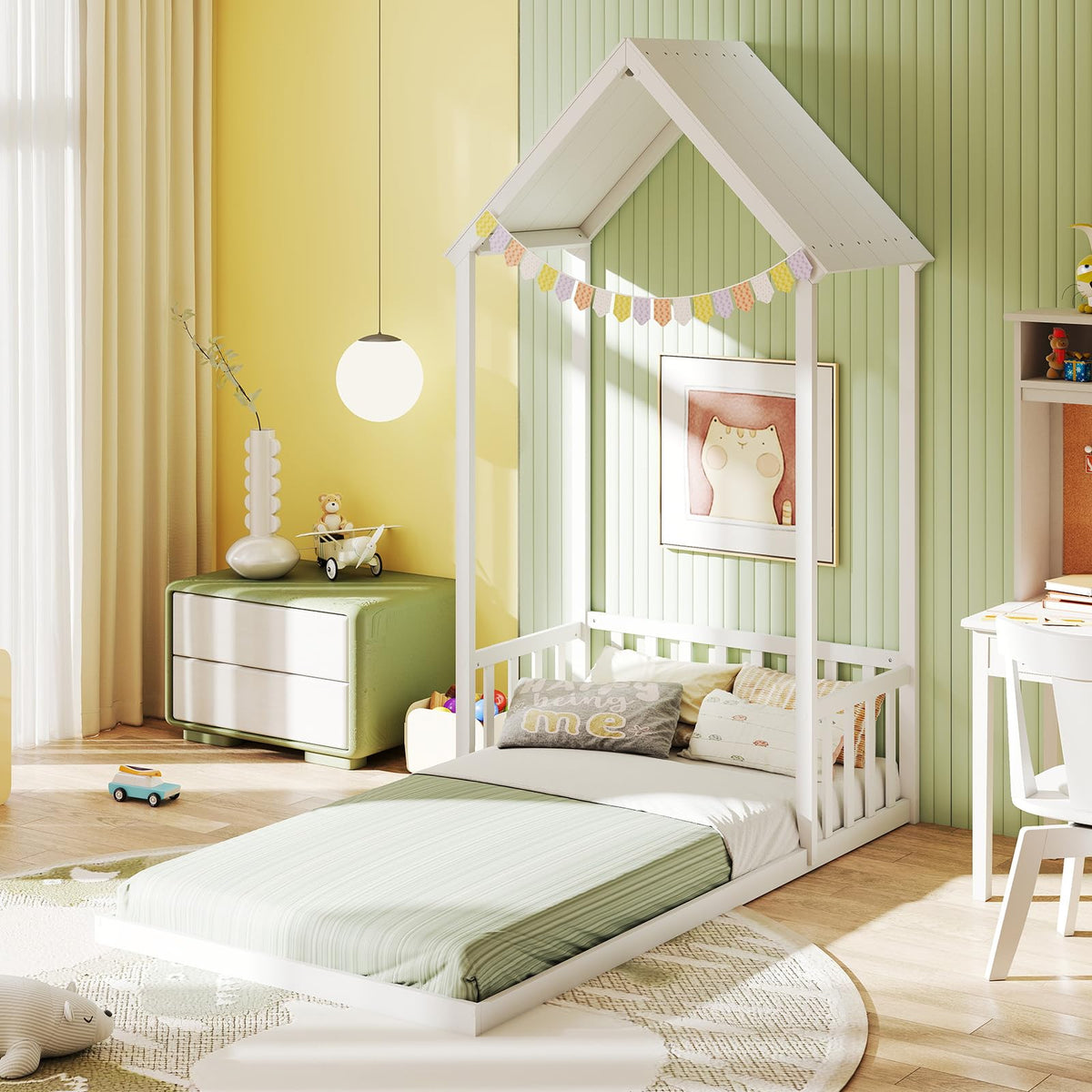 Goflame Twin Size House Bed Montessori Floor Bed with House Shape Roof & Semi-Fence