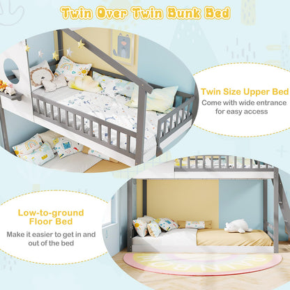 Goflame Solid Wood Floor Bunk Bed with Ladder and Full-Length Guardrails