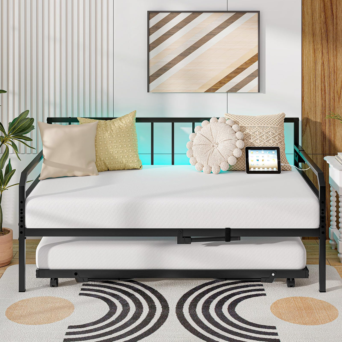 Goflame Twin Daybed with Trundle, Twin Bed Frame with Charging Station & LED Lights, Metal Trundle Bed Twin w/Steel Slats Support