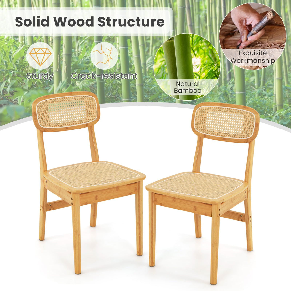 Goflame Rattan Dining Chairs Set of 2, Boho Cane Kitchen Chairs, Max Load 300 Lbs