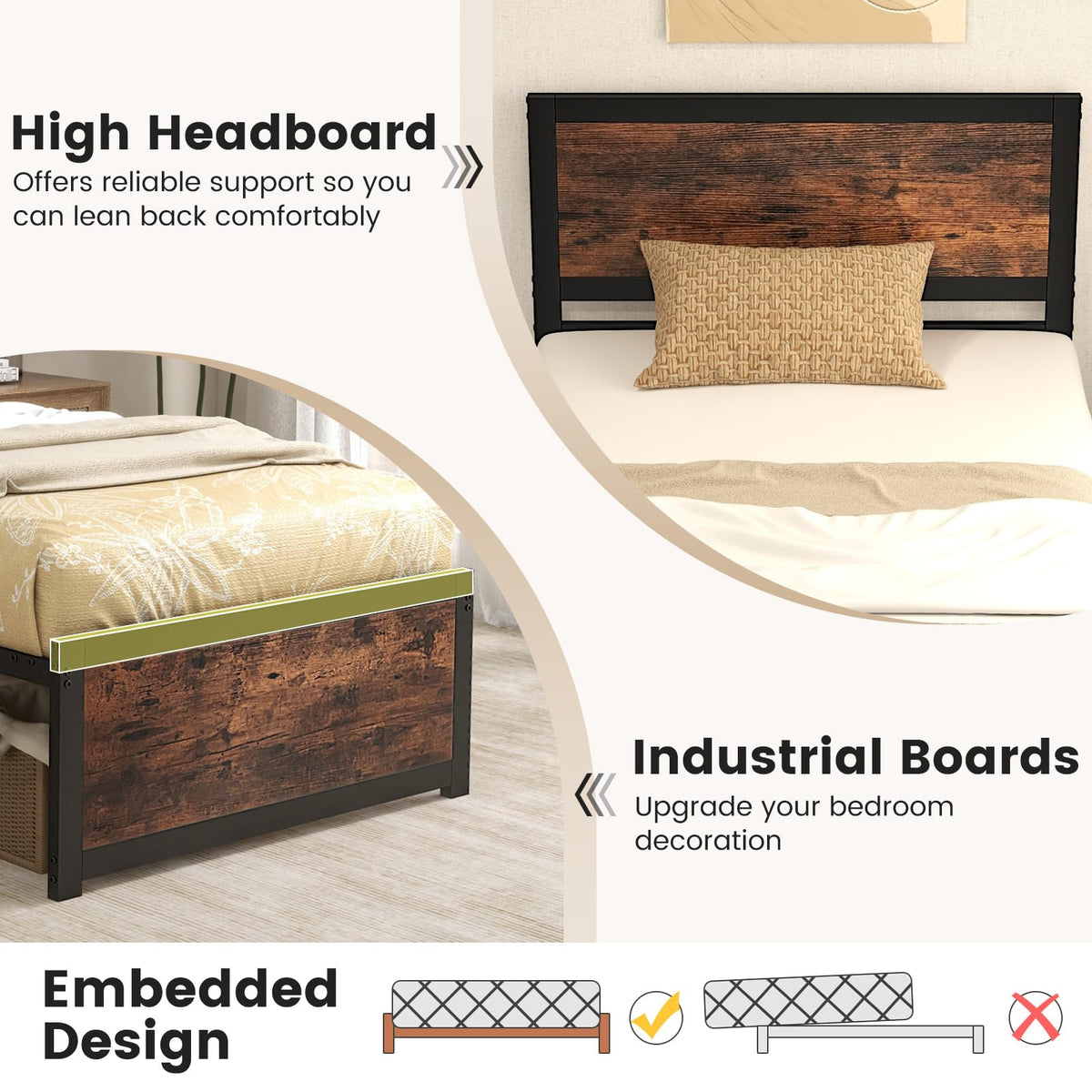 Goflame Twin Bed Frames for Kids, Industrial Metal Platform Bed with Headboard