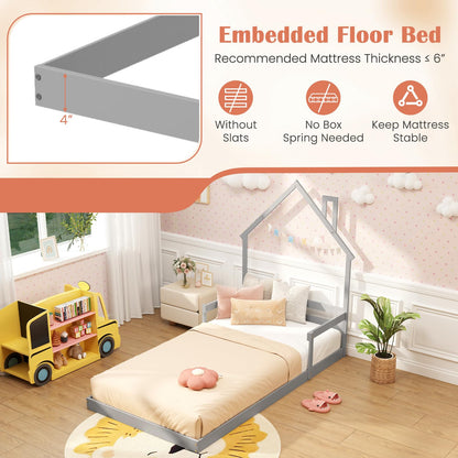 Goflame Twin Floor Bed for Kids, Wood Montessori Floor Bed with Chimney Headboard & Handrail