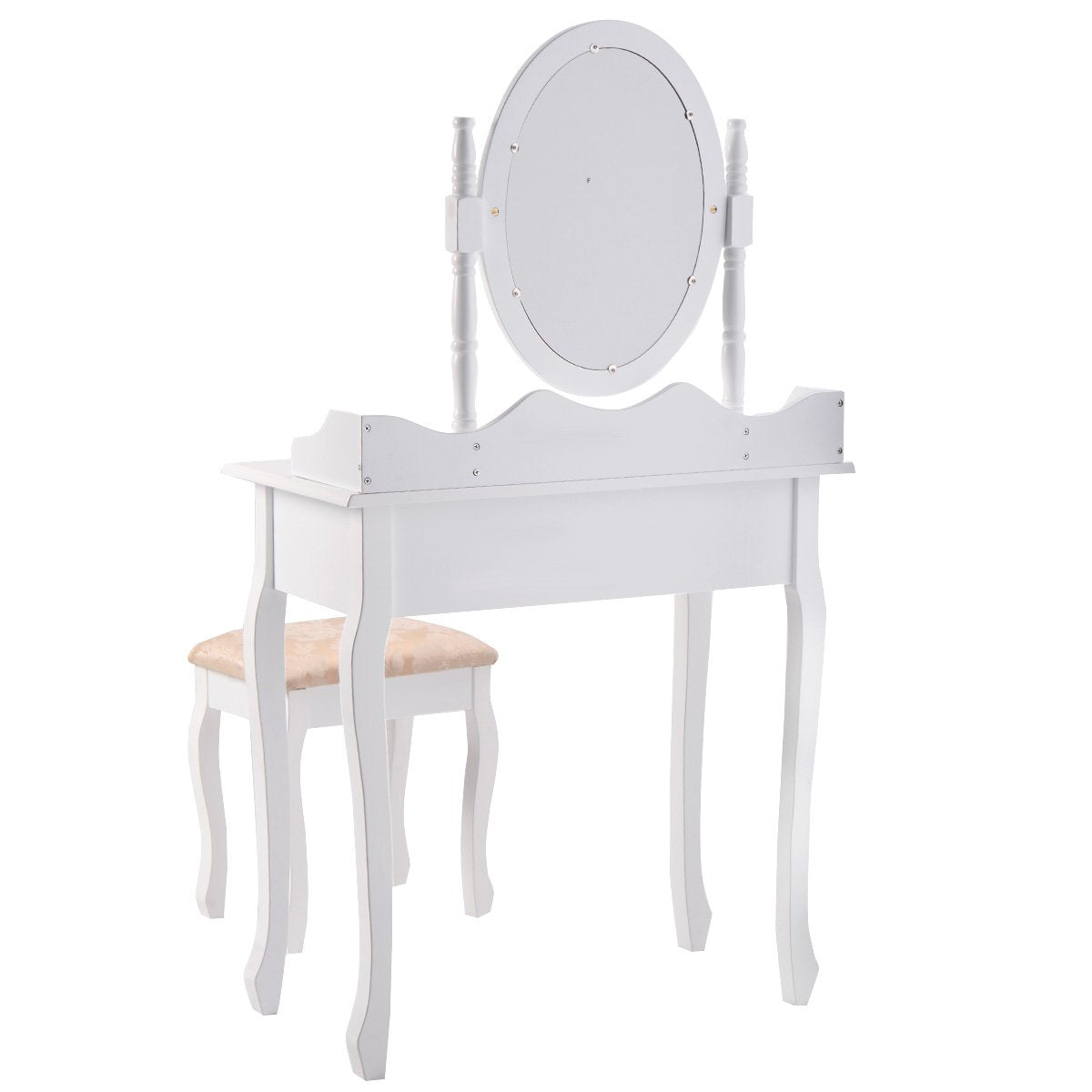 Vanity Table Set with Oval Mirror and Soft Cushioned Stool, Sturdy Wood Dressing Table with Drawers Storage Shelf