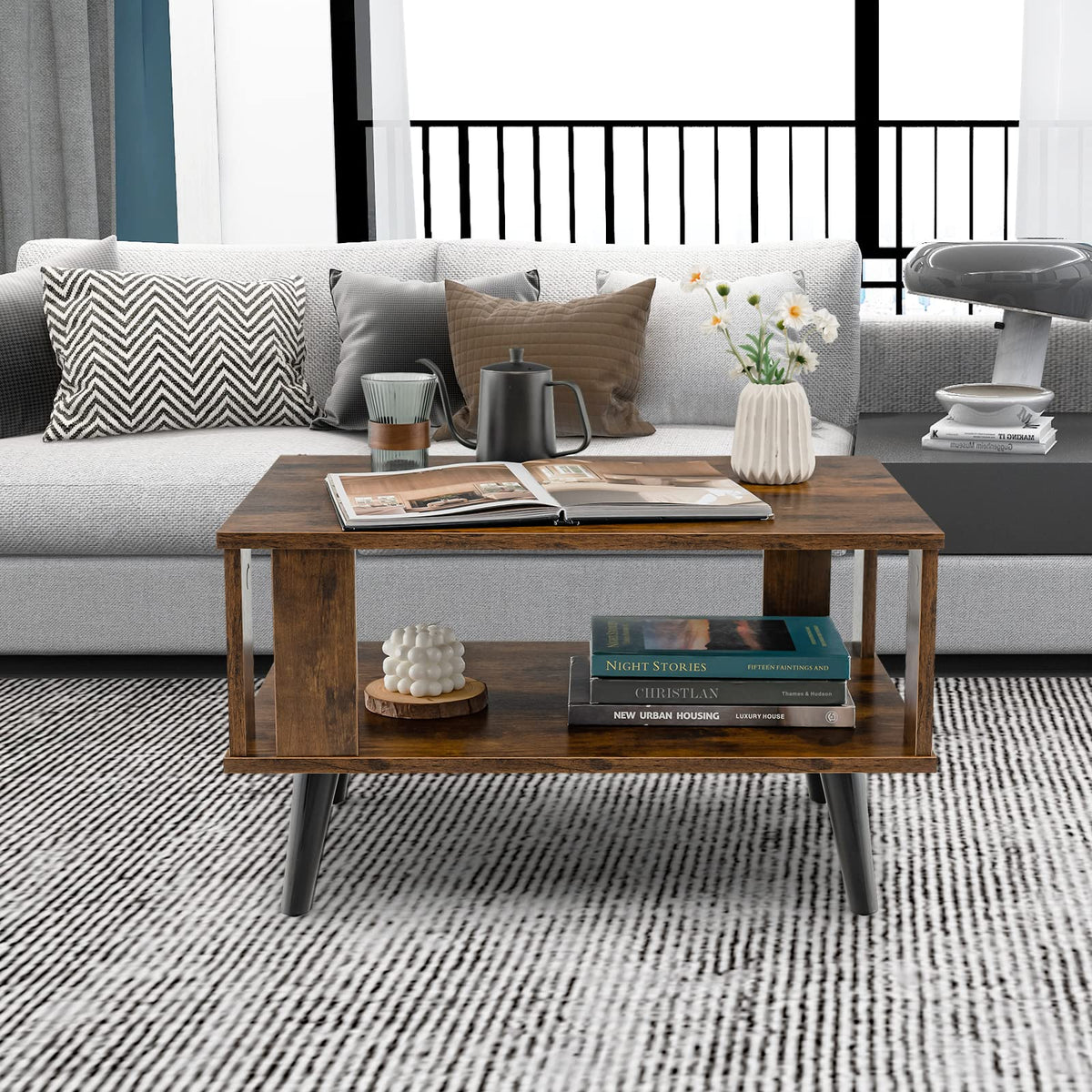 Goflame Retro Wood Coffee Table, 2-Tier Tea Table w/Open Storage Shelf & Supportive Legs