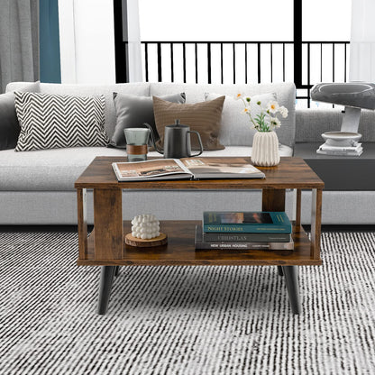 Goflame Retro Wood Coffee Table, 2-Tier Tea Table w/Open Storage Shelf & Supportive Legs