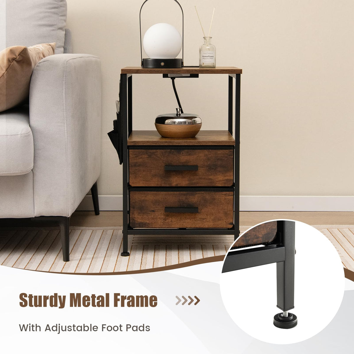 Goflame Nightstand with Charging Station, Industrial Bedside Table with 2 Fabric Drawers & 6 Storage Pockets