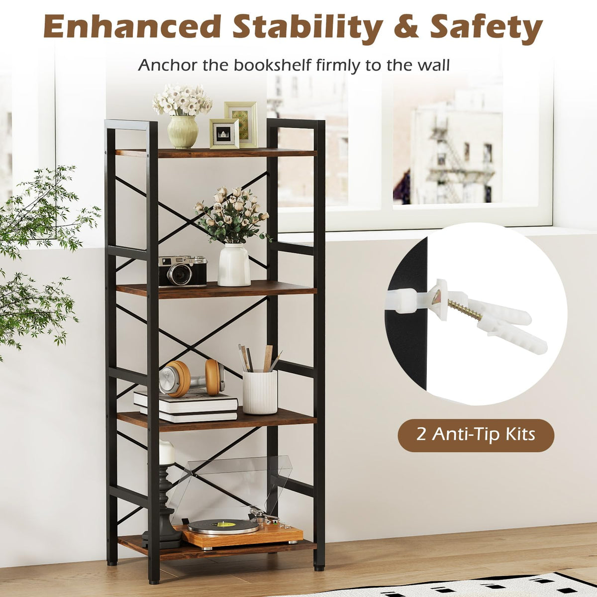 Goflame 4-Tier Bookshelf | Narrow Freestanding Display Shelf with Metal Frame (1/2)