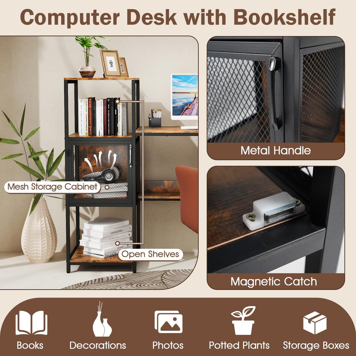 Goflame Modern Computer Workstation Home Office Desk with Storage Cabinet and Shelves