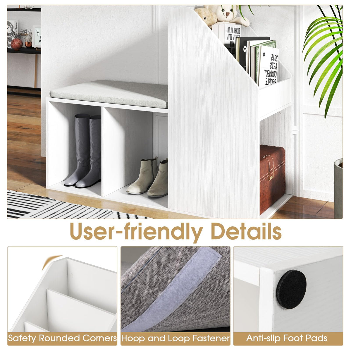 Goflame Shoe Storage Bench, Entryway Bench w/Side Holder & Padded Seat Cushion, 3 Storage Compartments