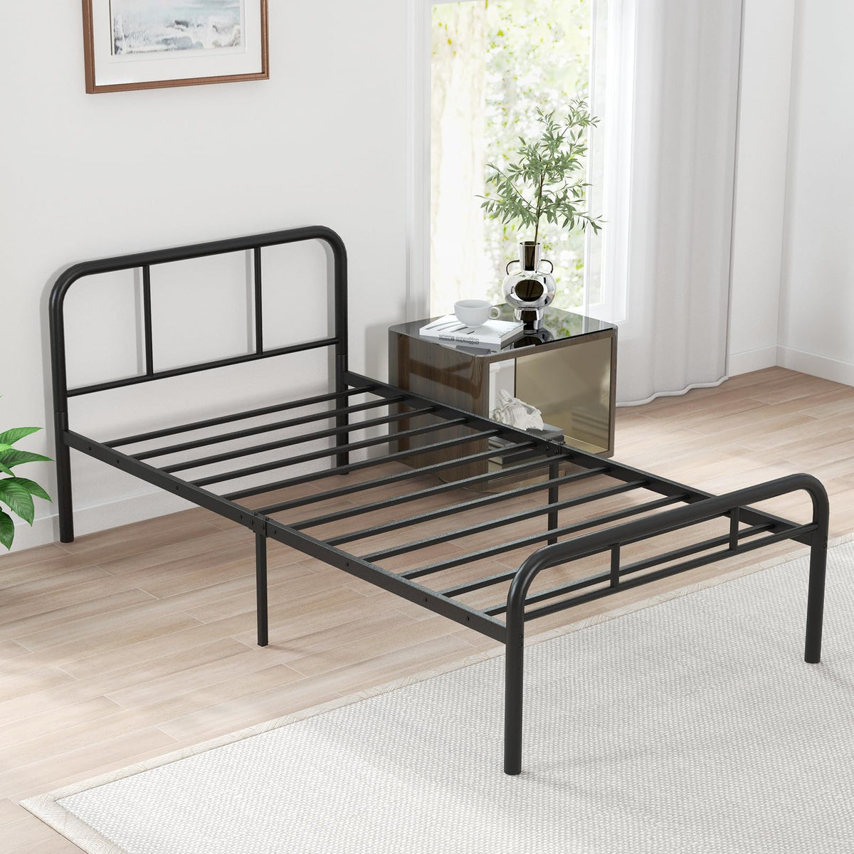 Goflame Twin Size Bed Frame, Modern Metal Platform Bed with Headboard and Footboard, Heavy Duty Steel Slat Support Mattress Foundation