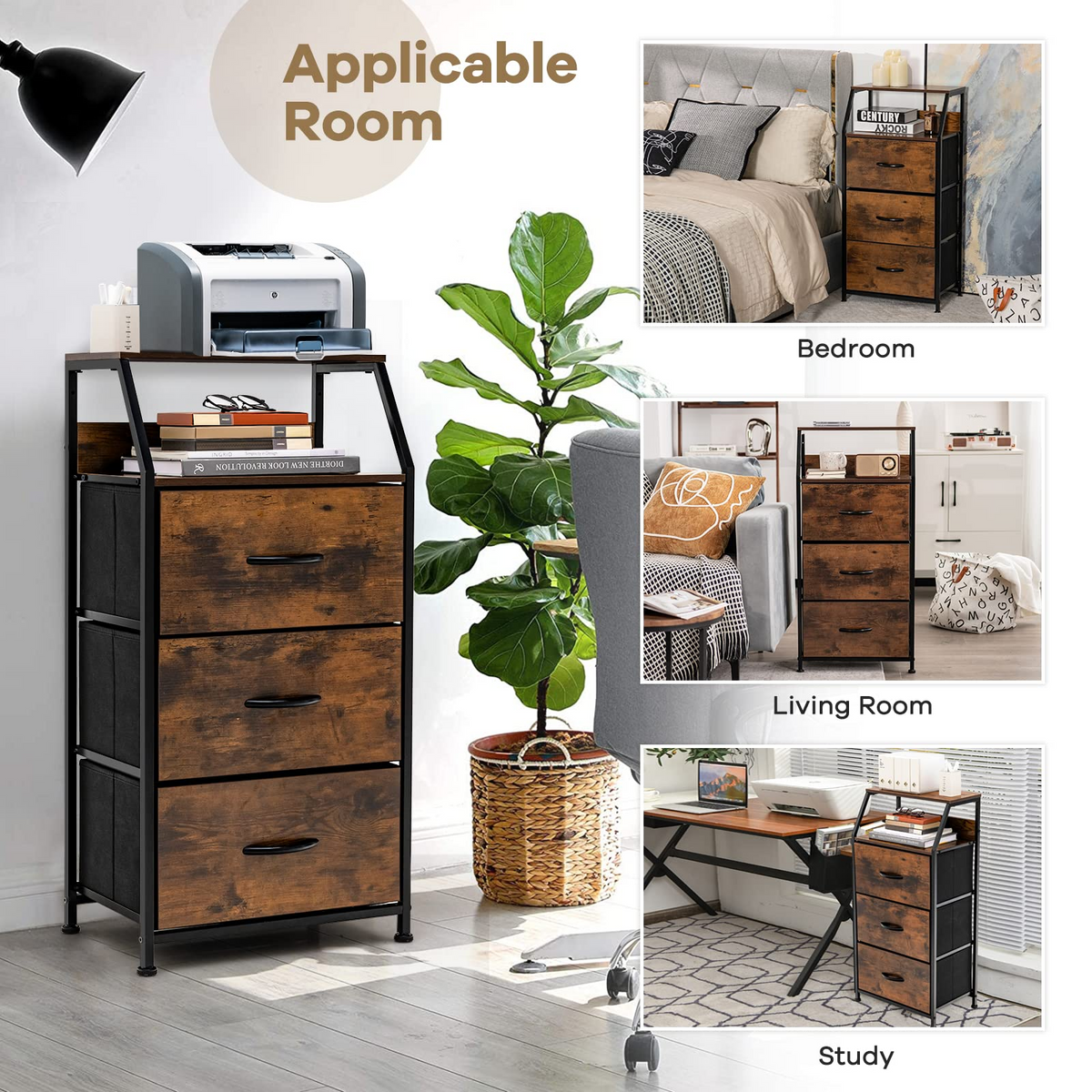 Goflame 3 Drawers Dresser, Storage Tower w/ 3 Foldable Fabric Drawers & Open Shelves